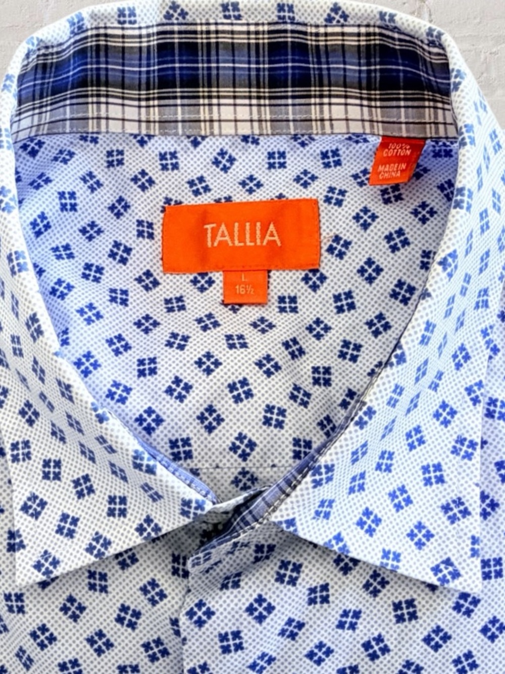 Tallia Mens Dress Shirt 16.5 Blue White Geometric Print Cotton Button Up